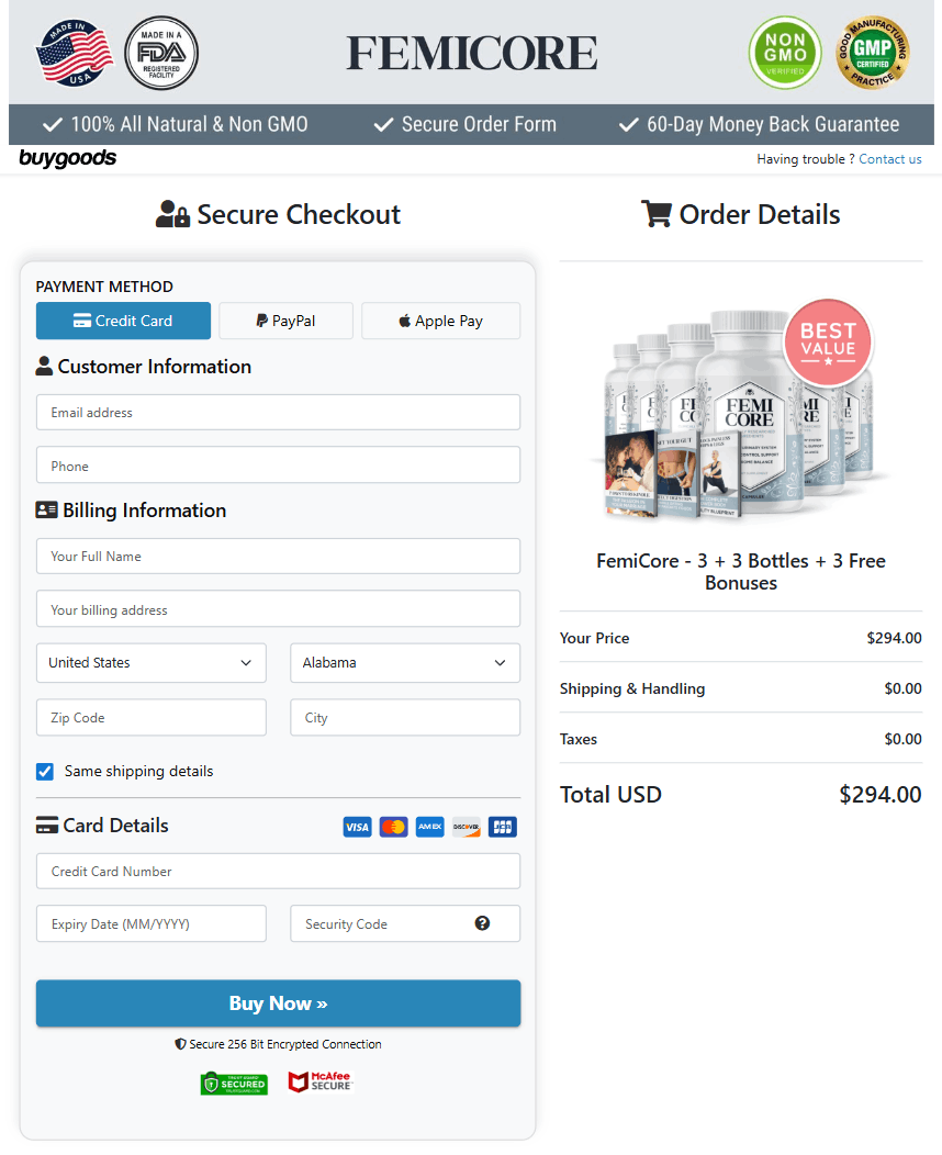 Femicore Order Page